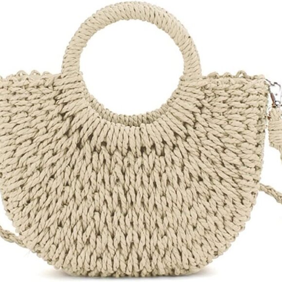 Mini Semi-circle Rattan Straw Bag Hand-woven Women Summer Retro Beach Tote Shou